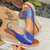 Pbong  Plaid Pattern Wedge Sandals for Women Summer Peep Toe Chunky Platform Sandles Woman Thick Sole Buckle Strap Roman Sandalias