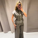 Pbong  Denim High Neck Vest & Wide-Leg Pants Set Sleeveless Elastic Waist Top Pleated Trousers Spring Fashion Chic Edgy Women Suit