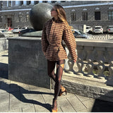 2025 Spring Retro Plaid Women Set Casual Chic Full Sleeve Zipper Jacket High Waist Pockets Shorts NEW Lady Office Suit Commute