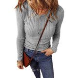 Pbong  New Autumn Winter Solid Color Knitted Tops Women's Round Neck Long Sleeved Button T-Shirt Fashion Pullover Lady Clothes