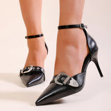 Pbong  Pointed-toe buckle strap leather belt fastening stiletto heel pumps Punk-inspired minimalist versatile vacation party women's