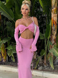Sexy Knitted Sling Bikini Long Skirts Woman's Set Casual Slim Solid Lace Up Tube Tops Slit Skirt Sets Female Summer Beach Party