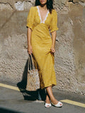 Pbong  Casual Yellow V Neck Lace Trim Dot Print Dresses for Women Short Sleeve Slimming Ruffle for French Vacation Style