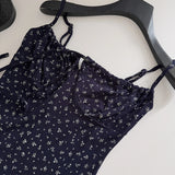 Pbong   Dark Blue Floral Dress Short Sexy Lace-up Bow Squared Collar Mini Dress Korean Chic Hot Girl Summer Beach Spaghetti Strap Dress