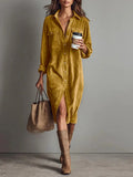 Pbong  New Fall Retro Solid Ribbed Corduroy Dress Woman Elegant Single Breasted Lapel Shirt Dresses Long Sleeve Slit Clothing