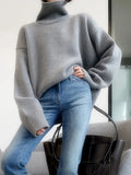 Lazy Wind Grey Turtleneck Sweaters Women Vintage Loose Knitted Pullovers Streetwear Retro Harajuku Long Sleeve Simple Tops