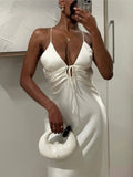 French Vacation Satin Long Dress Fashion Backless Sexy Slip Dress For Women New Light Beige Party Beach Summer Vestidos