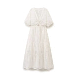 Fashion Hollow Out Embroidery Long Dress 2025 New V-neck Vacation Beach White Women Dress Fashion Chic Summer Female Clothing