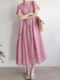 Pbong  Summer New Women's Short Sleeve Linen Dress Comfortable Casual Cotton Linen Midi Skirt Commute Artistic Style Loose Waist