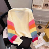 Rainbow Striped Knitted Cardigan for Women Teen-girl Cozy Soft Mohair Button Front Sweater Jacket Winter Autumn Y2K Outfit