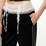 American High Street Popular Harajuku Lace Spliced Drastring Design Pant Casual Long Baggy Wide Leg Trouserst Y2k Girl Bottoms