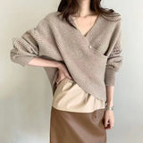 Pbong  New Autumn And Winter Fashion Solid Color Retro Cross V-neck Sweater Temperament Short Irregular Women's Knitted Top