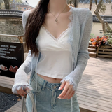 Lace Trim Tie Up Knit Top for Women Sheer Knitted Crop Cardigan Long Sleeve Open Jacket Teen-girl Y2K Sweetgirl Cute Outfit