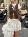 Y2K Aesthetic Asymmetrical Hem Skirts Stitching Lace Low Waist Mini Skirts Summer Holiday Retro Fairycore Clothes New Chic