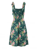 Pbong  French Retro Floral Print Maix Dresses for Women Square Collar Bow Strap Slimming Slit Design for Beach Vacations