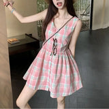 Pbong  Women's Plaid Sleeveless Mini Dress V Neck Drawstring Waist Casual Summer Beach Dress