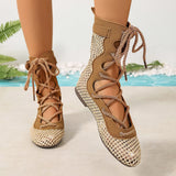 Pbong  Korean-Style Lace-Up Hollow-Out Shoes for Women, Summer New Breathable Sandals, Beach Ballet Flats, Woven Mesh Mid-Calf Boots