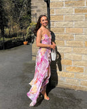 Flower Print Dress Woman Summer Strapless Splits Irregular Tassel Patchwork Backless Bandage Party Skinny Vestidos