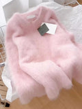 Sweet Elegant Pink Sweater Women Loose Faux Mink Cashmere Knitted Jumpers Soft Vintage Long Sleeve O Neck Japan Cute Tops