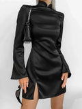 Flare Long Sleeve Black Backless Dress Women Club Slit Dress Spring Stand Collar Evening Mini Slim Dress Ladies