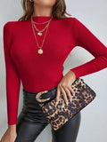 Pbong  Autumn Female Casual Stripes Red Tops Gray Knitted Sweater For Women Basic Pullovers Slim Fit Stand Collar Long Sleeve Spring