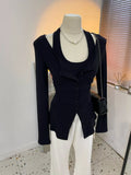 Pbong  Vintage Fake Two-piece Casual Long-sleeved T-shirt Women Spring High Street Sexy Strapless Slim Single-breasted Tops