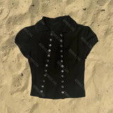 2000s Button punk Aesthetic solid color rop top casual fashion streetwear Hip-hop hot girl American Retro summer short T-shirts