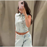 Pbong  Light Wash Denim Vest & Wide Leg Pants Two-Piece Set Asymmetric Button Spring Summer Fashion Streetwear Casual Denim Set