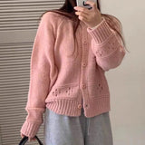 Pointelle Cardigan Women Long Sleeve Crew Neck Button Down Knit Sweater Jacket Autumn Winter French Chic Outfit