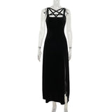 Mall Goth Velvet Dress Women Fairycore Grunge Elegant Punk Pentagram Hollow Out Sleeveless Halter Split Dress Partywear