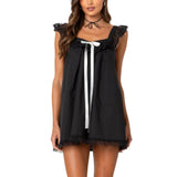 Pbong  Women Mini Dress Lace Trim Fly Sleeve Bowknot Embellished Short Dress Summer Fashion Casual Dress