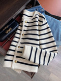 New 2025 Women Spring Autumn Sweaters O-neck Stripe Knitted Cardigan Fashion Long Sleeve Casual Short Tops Korean Style