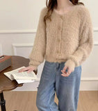 Flower Button Fuzzy Knit Sweater Cardigan Warm Fluffy Button-up Crop Sweater Jacket Knitwear Teen-girl Fall Winter Cute Outfit