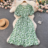 Pbong  Women Dress Fashion Romantic Floral Print Drawstring Waist Long Summer Dress Vacation Korean Party Vestidos
