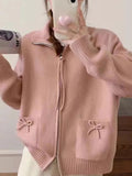 Korean Bow Cardigan Women Lazy Wind Double Zipper Long Sleeve Knitted Jacket Vintage Sweet Casual Preppy Style Tops Coat