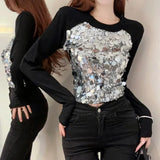 Pbong  O-neck Heavy Sequin Patchwork T-shirt For Women Spring New Black Tops Mujer Y2k Grunge Long Sleeve Slim Fit Tee Shirt