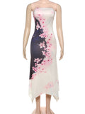Backless Dress Women Flower Print Contrast Strapless Sleeveless Irregular Bottom Pleated Midnight Club Party Vestidos