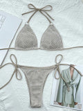 Halter String Triangle Bikini Solid Mesh Swimsuit Women Sexy Swimwear Female Bathers Bathing Swimming Swim Suit Beachwear