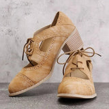 Pbong  Spring Autumn Women's High Heels Retro Nail Hole Carved Brogues Heels Fashion Round Toe Block Heel Lace-up Dress Shoes