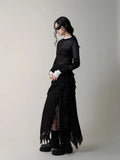 Deeptown Gothic Black Y2k Skirts Women Gyaru 2000s Lace Irregular Long White Skirt Streetwear Irregular Ruffle Skirts Aesthetic
