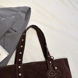 Pbong  New Faux Suede Casual Tote Bags Large Capacity Rivet Vintage Handbags Designer Elegant Solid Retro Shoulder Bags