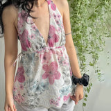 Coquette Tank Tops y2k Women Floral Print V Neck Tie-Up Sleeveless Backless Halter Neck T Shirts Vest 2000s Clothing