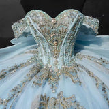 Pbong  Customized Glittering Sky Blue Tull Princess Quinceanera Dress Beaded Crystal Sweet 16 Party Dress Bow Vestidos De 15 Birthday