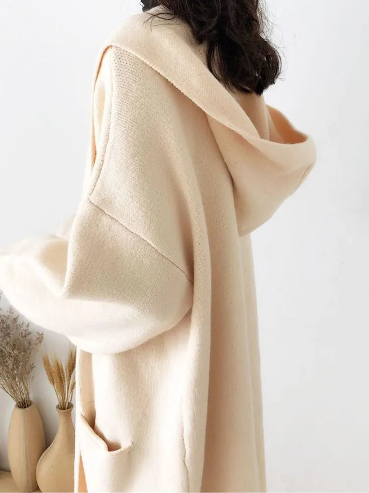 Fashion Women Sweaters Autumn/Winter Solid Hooded Knitted Cardigan Loose Long Coat Top Oversized Cardigan Womens Clothing