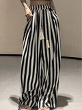 Pbong  Casual Striped Wide Leg Pants Women High Waist Elegant Korean Straight Trousers Vintage Lace Up Female Spring Loose Pants