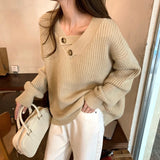 V-neck Knit Pullover Women Slouchy Long Sleeve Drop Shoulder Sweater with Buttoned Strap Cozy Knitwear Autumn Winter Chic Outfit
