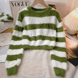 Fuzzy Knit Striped Sweater Pullovers for Women Soft Warm Long Sleeve Crew Neck Crop Knit Top Y2k Teen-girl Autumn Winter Outfit
