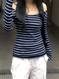 Japanese Basic Slim Long Sleeve Stripe Tee Off Shoulder O Neck Korean Street Style Spring Autumn Y2K Gray T Shirt Women
