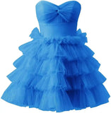 Pbong  Teen’s Short Tulle Homecoming Dress A Line Strapless Tiered Party Prom Dress Mini Cocktail Gowns for Women