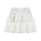 Coquette White Lace Short Skirt Ruffle Women Sweet Bow Kawaii Mini Skirts Patchwork Layered A-line Aesthetics Skirt